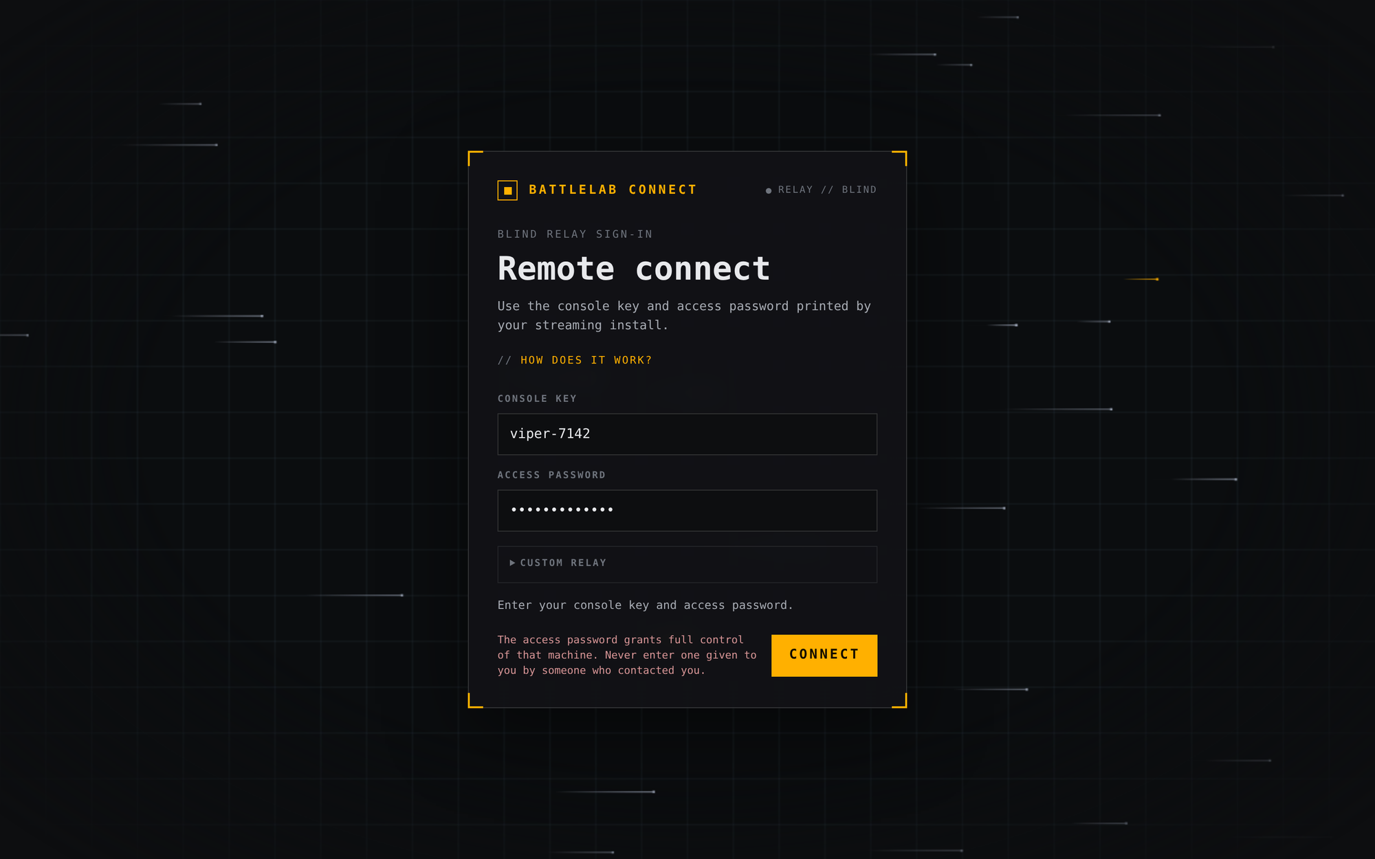 BattleLab Home Free blind-relay sign-in: console key and access password