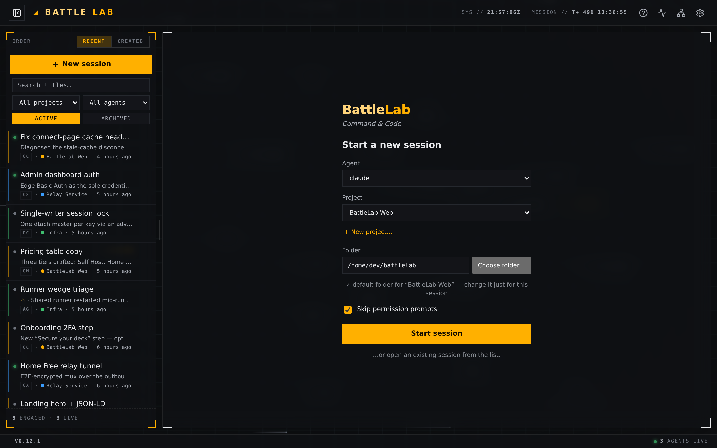 The BattleLab deck: five AI coding agents in one sidebar with per-engine badges, project grouping and AI summaries