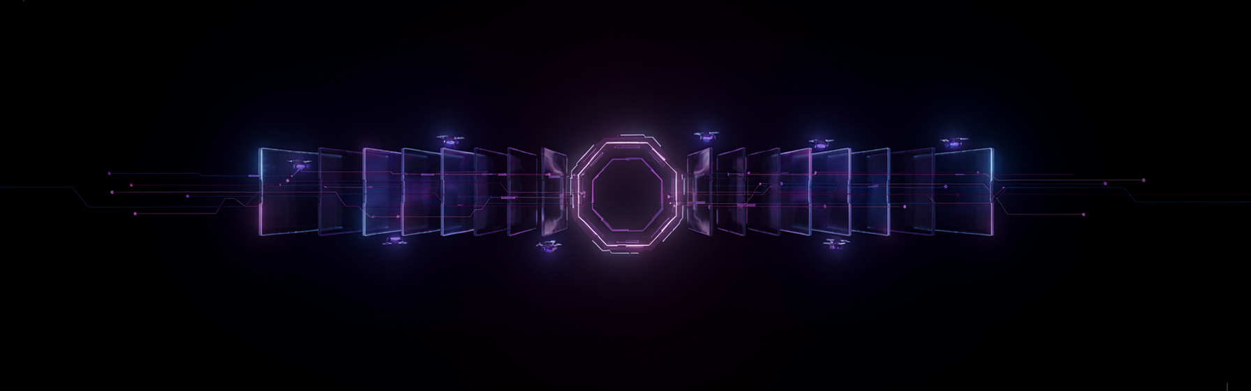 Abstract neon artwork: translucent panels flowing through a glowing hexagonal gate