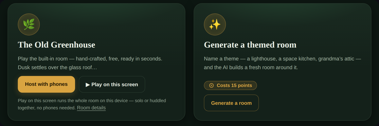 Two cards: play the built-in room, or generate a themed room with AI.