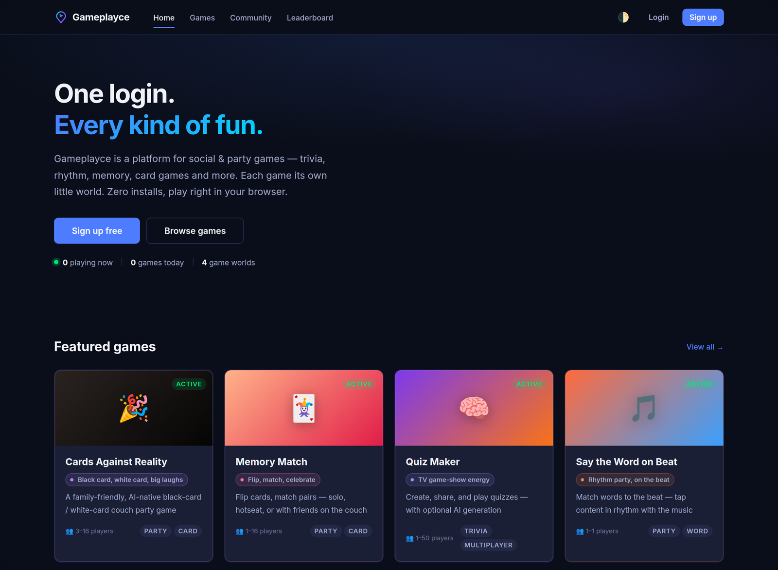 The Gameplayce home page with featured game tiles.