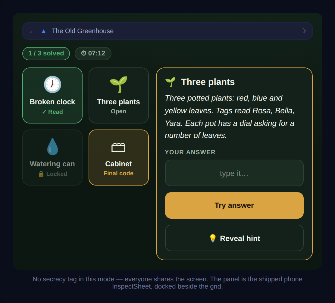 Escape Room play view: an object grid, a riddle about three potted plants, and an answer box.