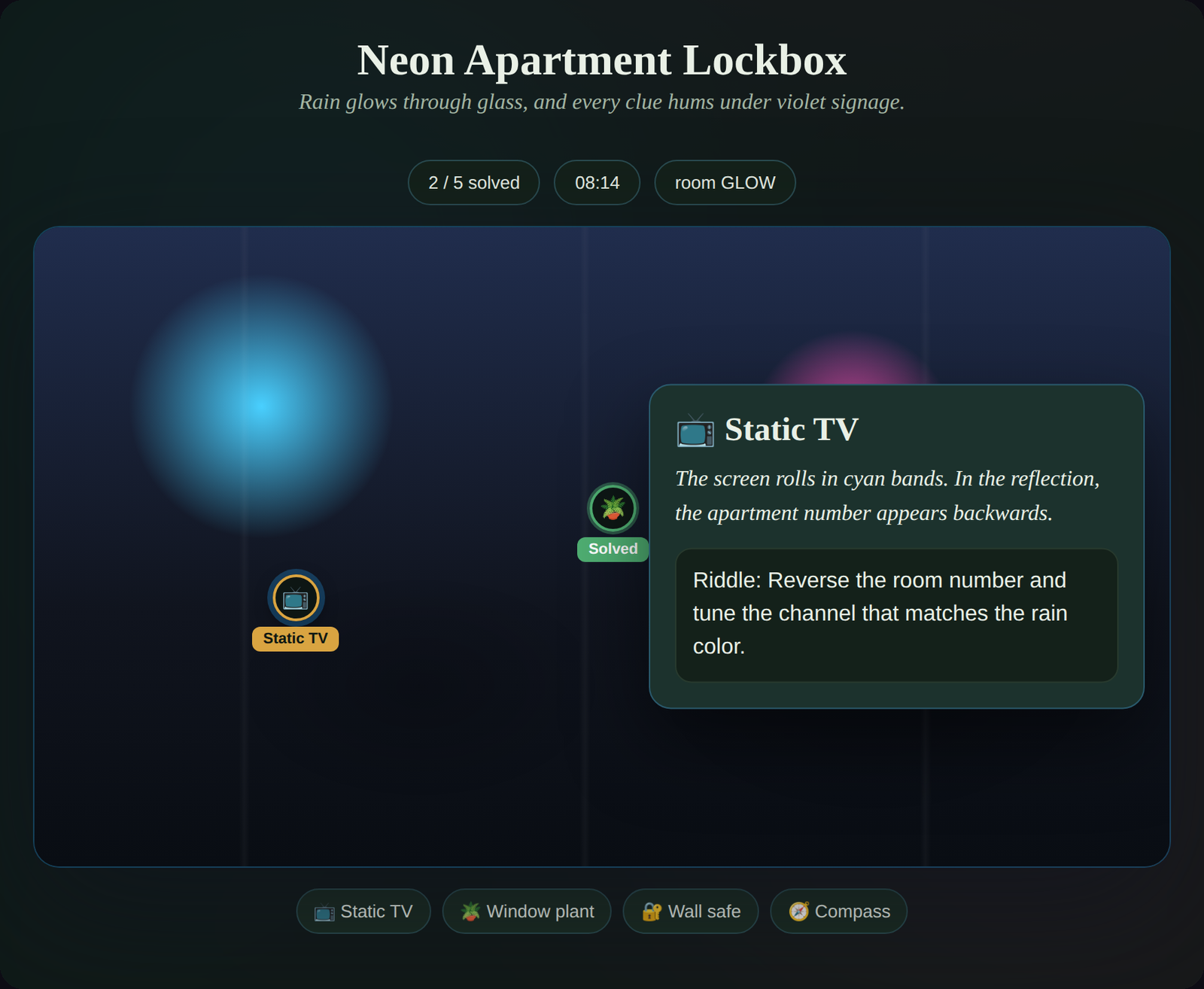 A generated escape room scene with an object selected and its clue shown in an inspect panel.