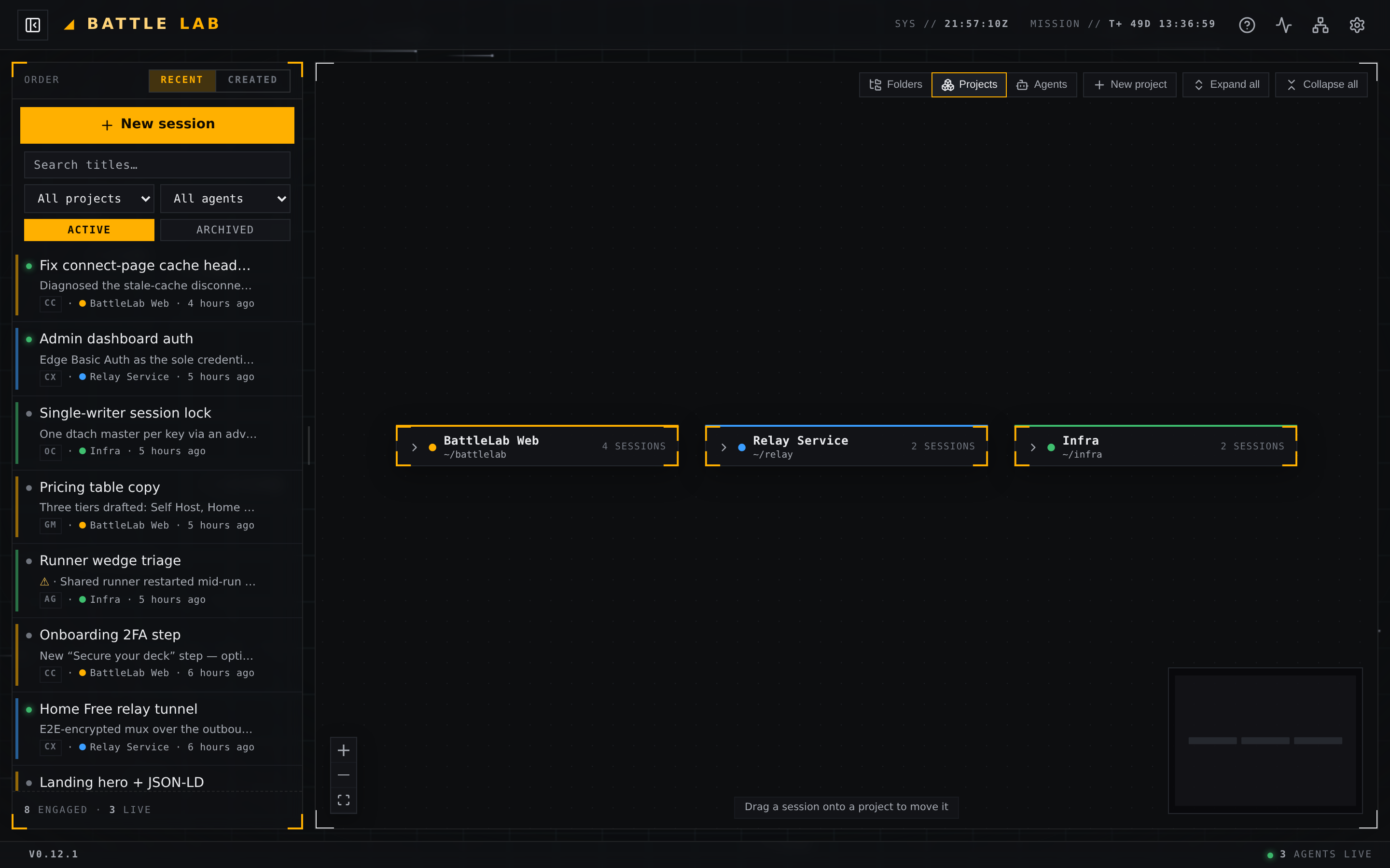 BattleLab's tactical overview map: sessions grouped into project clusters you can drag between