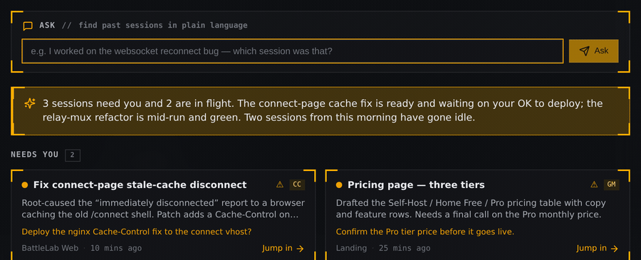 Typing a plain-language question into Pulse Ask and getting the matching session card back