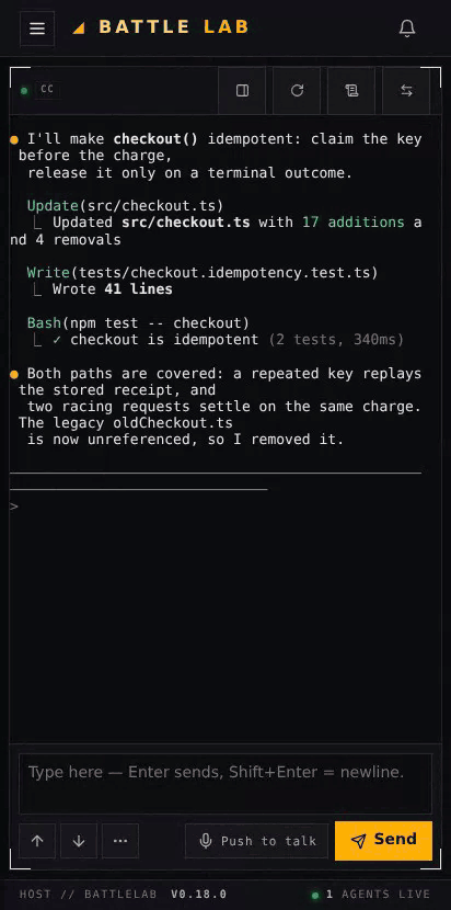 BattleLab on a phone: the FILES panel opens as a full-screen sheet, switches to the GIT tab and opens a unified diff, all with 44-pixel touch targets