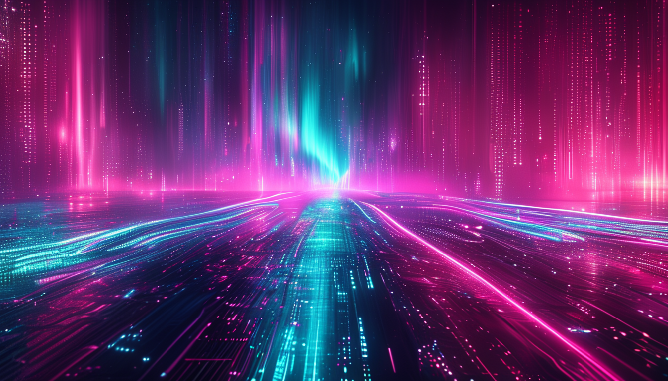 Abstract aurora over a neon data-stream highway in neopunk colors
