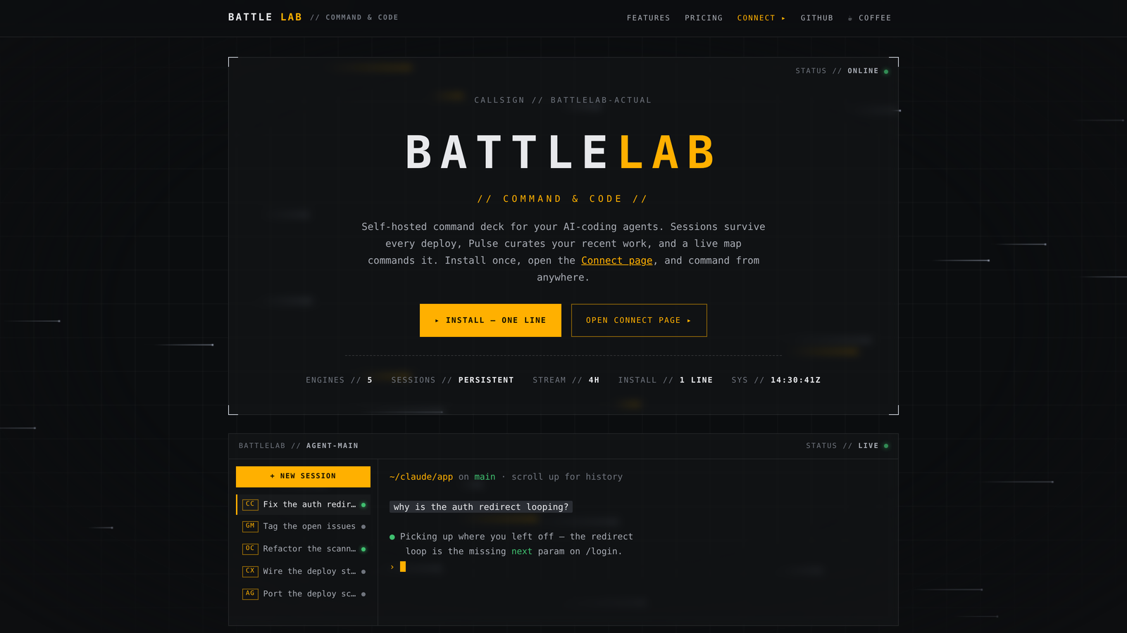 The BattleLab landing page with a live agent session below the fold