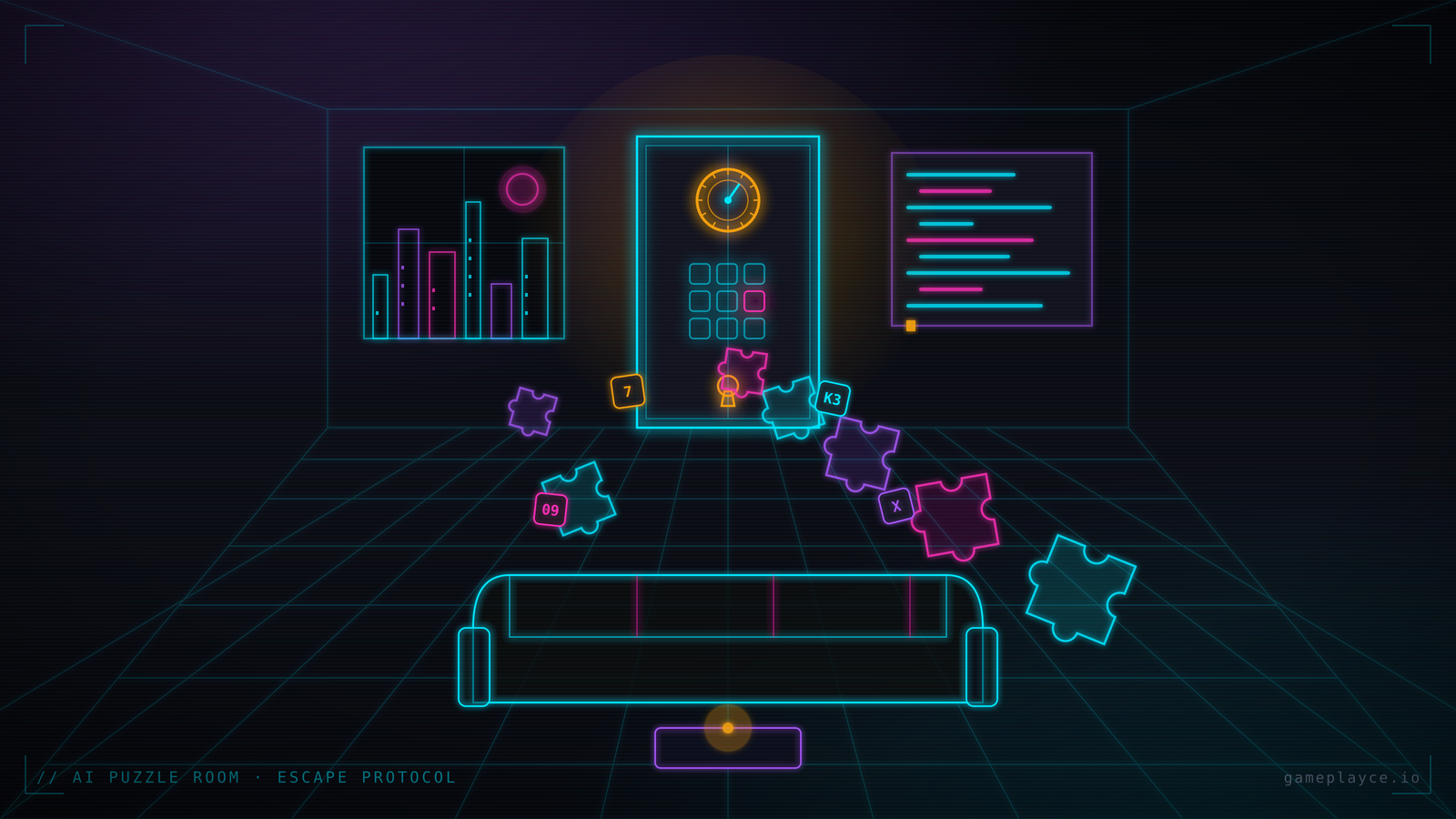 Neopunk cyber-apartment escape room: a sealed door with a dial lock and keypad, a neon skyline window, and abstract puzzle pieces converging on the lock.