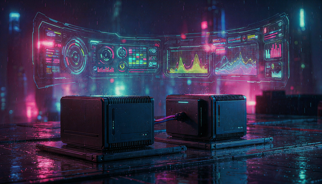 Two compact AI computers linked by a glowing cable under holographic dashboards in neon rain