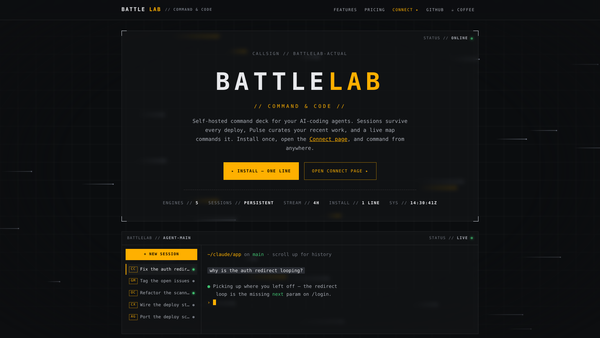 The BattleLab landing page with a live agent session below the fold