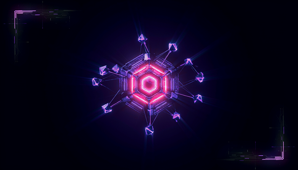 Abstract neopunk artwork: a glowing hexagonal core orbited by small geometric agent drones connected by light filaments