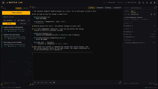 BattleLab v0.18.0 with the GIT tab open beside a live Claude Code session, listing staged, changed and untracked files